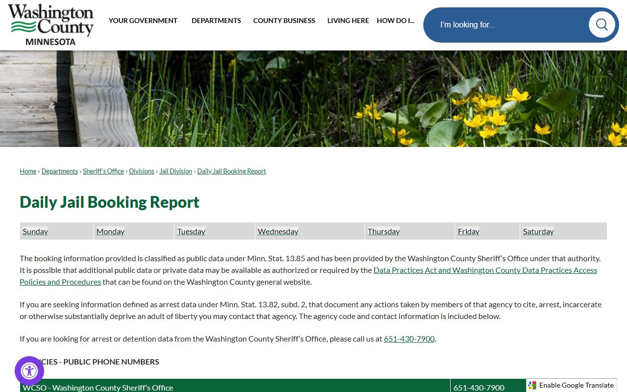 Washington County daily booking reports page and arrest/detention data guidance