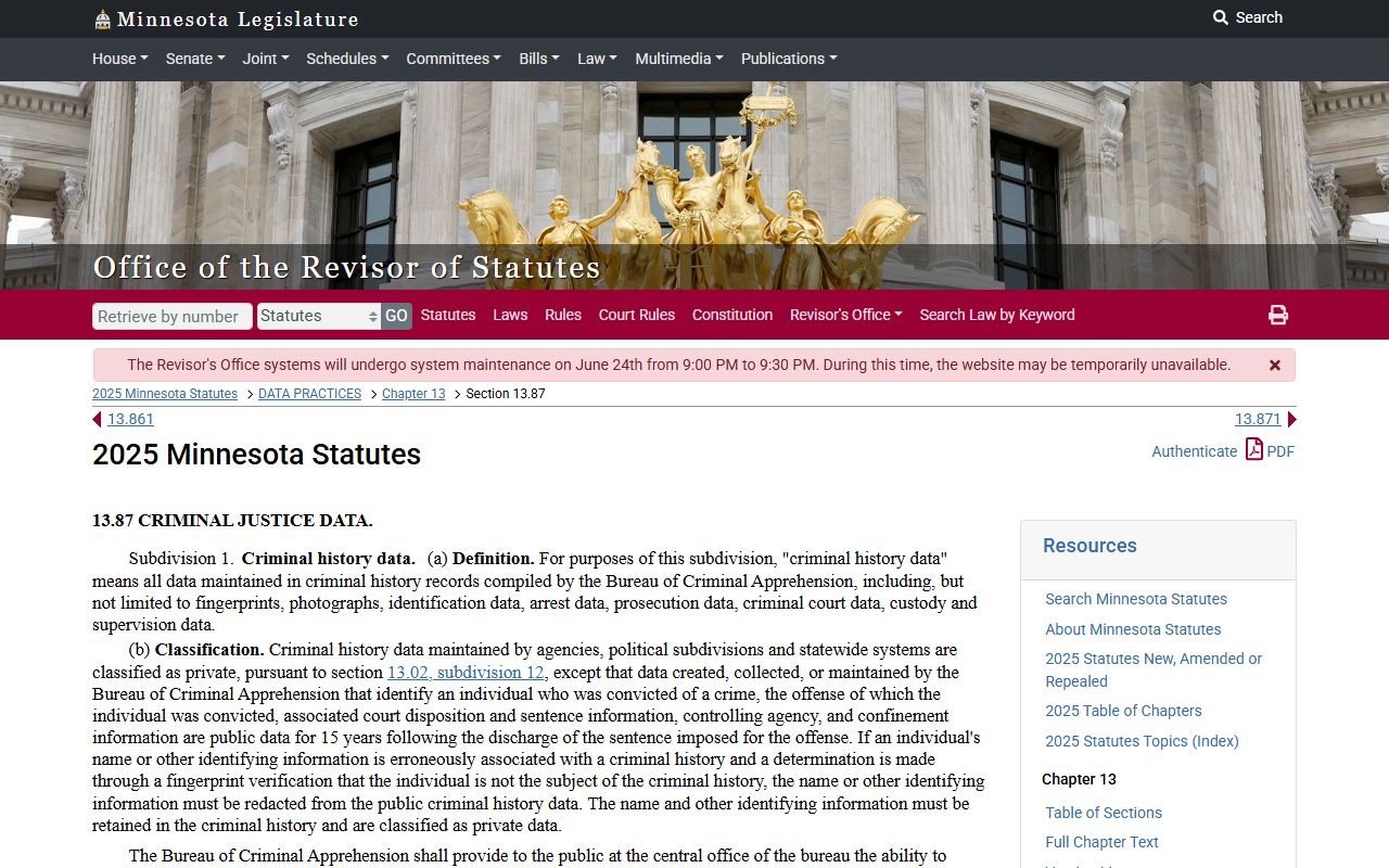 Minnesota criminal-history data statute used by BCA public criminal history