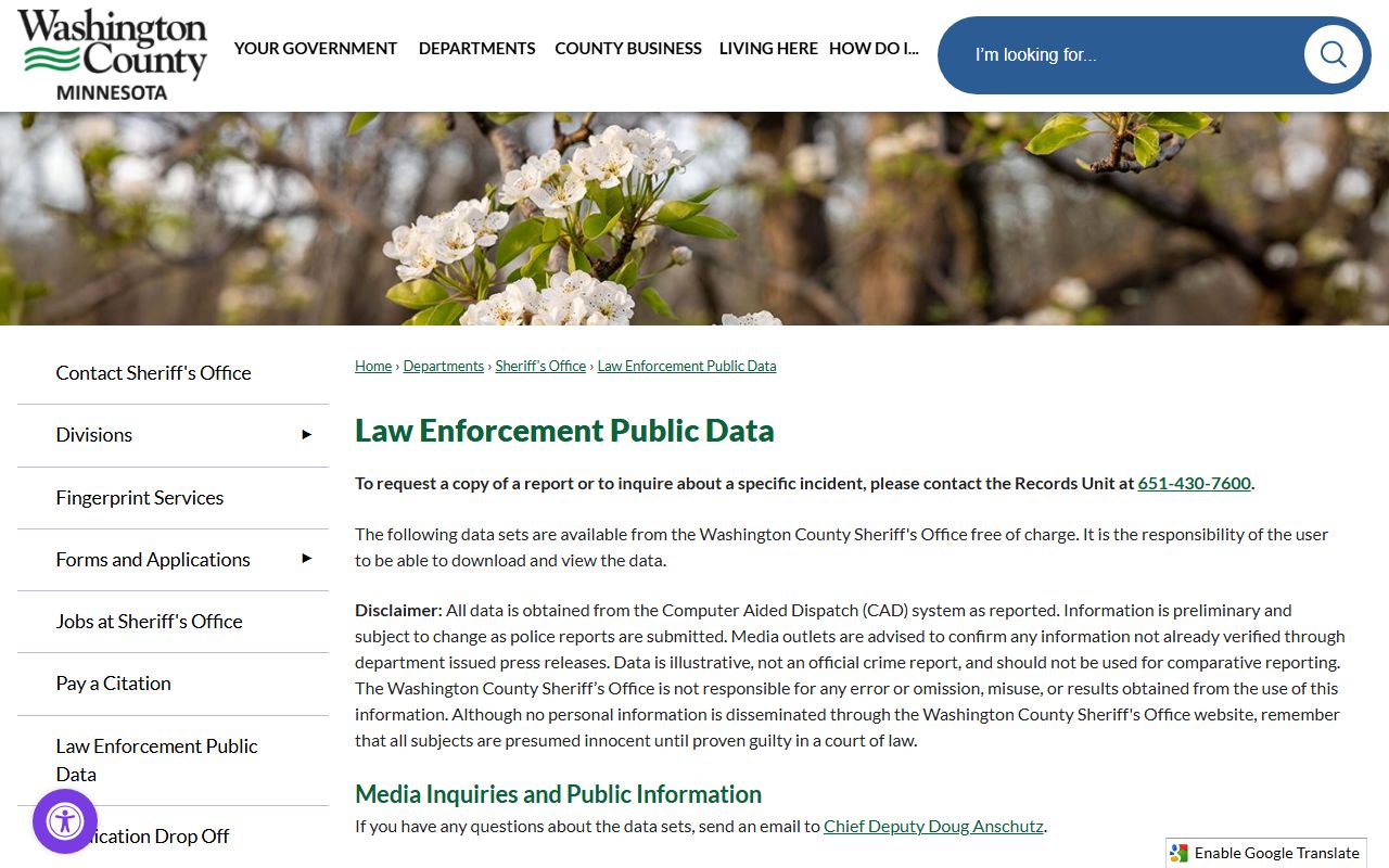 Washington County Sheriff's law-enforcement public data page and Records Unit phone