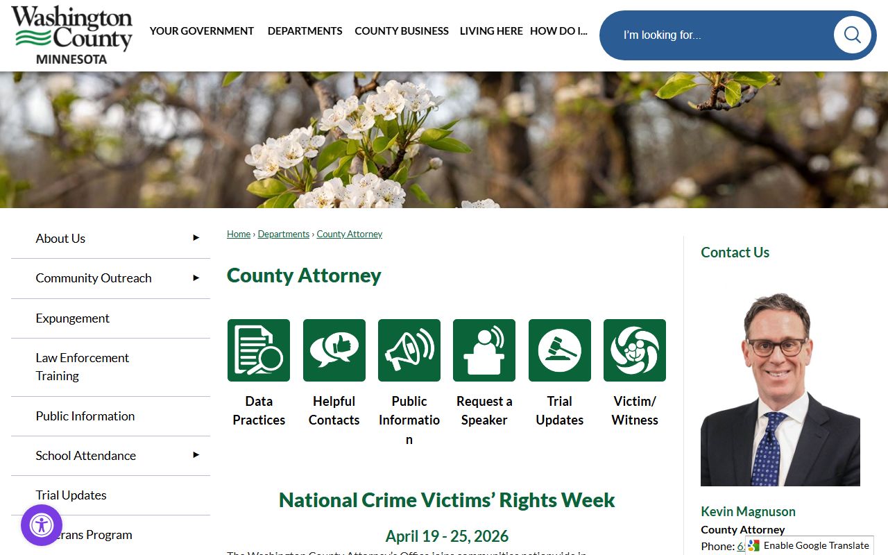 Washington County Attorney page with Kevin Magnuson and contact information