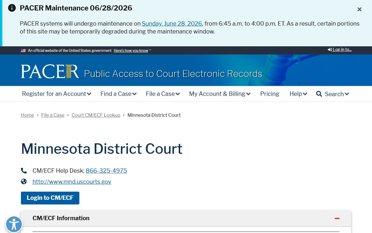 PACER court lookup for the District of Minnesota