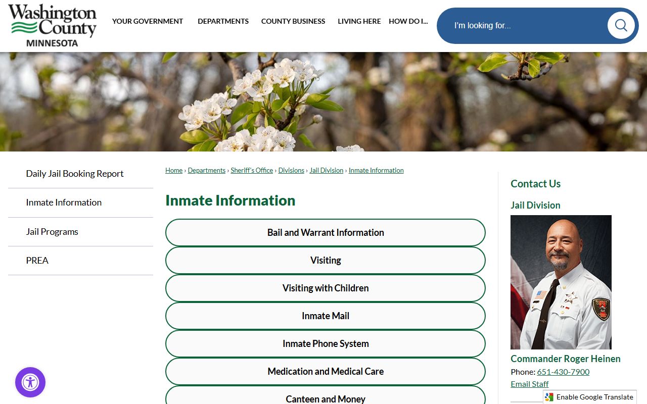 Washington County inmate information page for bail, visiting, mail, phone, medical care, commissary, property, PREA, and release