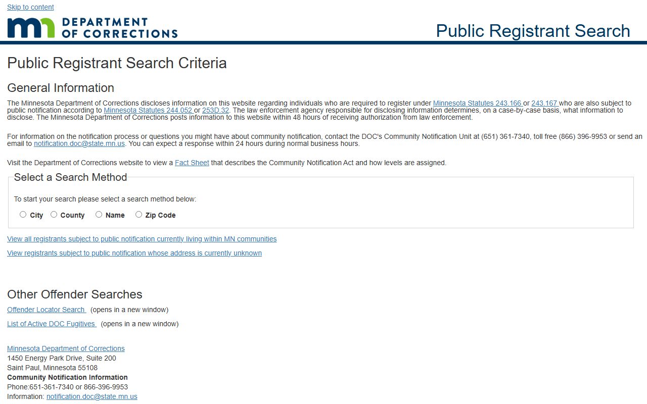 Minnesota DOC public registrant search for community-notification predatory offenders