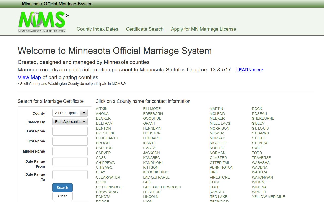 Minnesota Official Marriage System notice that Washington County does not participate