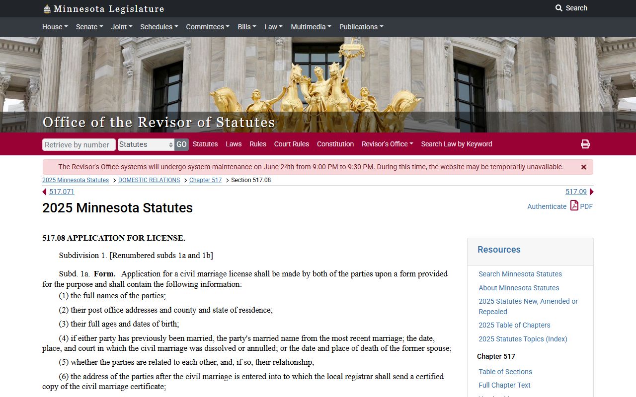 Minnesota marriage license statute and premarital education reduced-fee authority