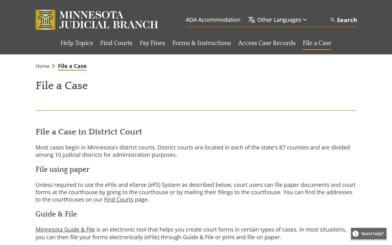 Minnesota file-a-case page for probate filings