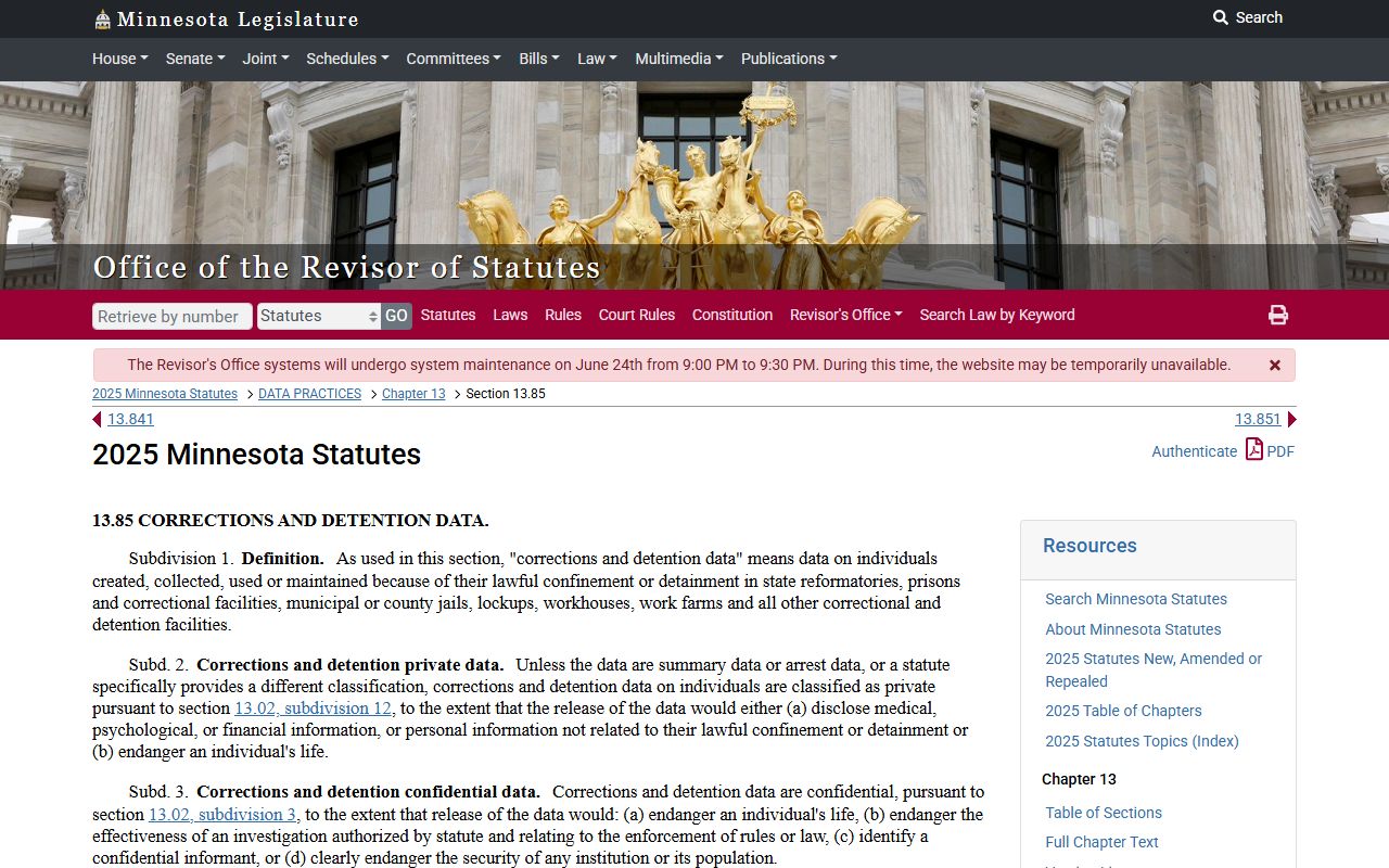 Minnesota corrections and detention data classification used by jail booking pages