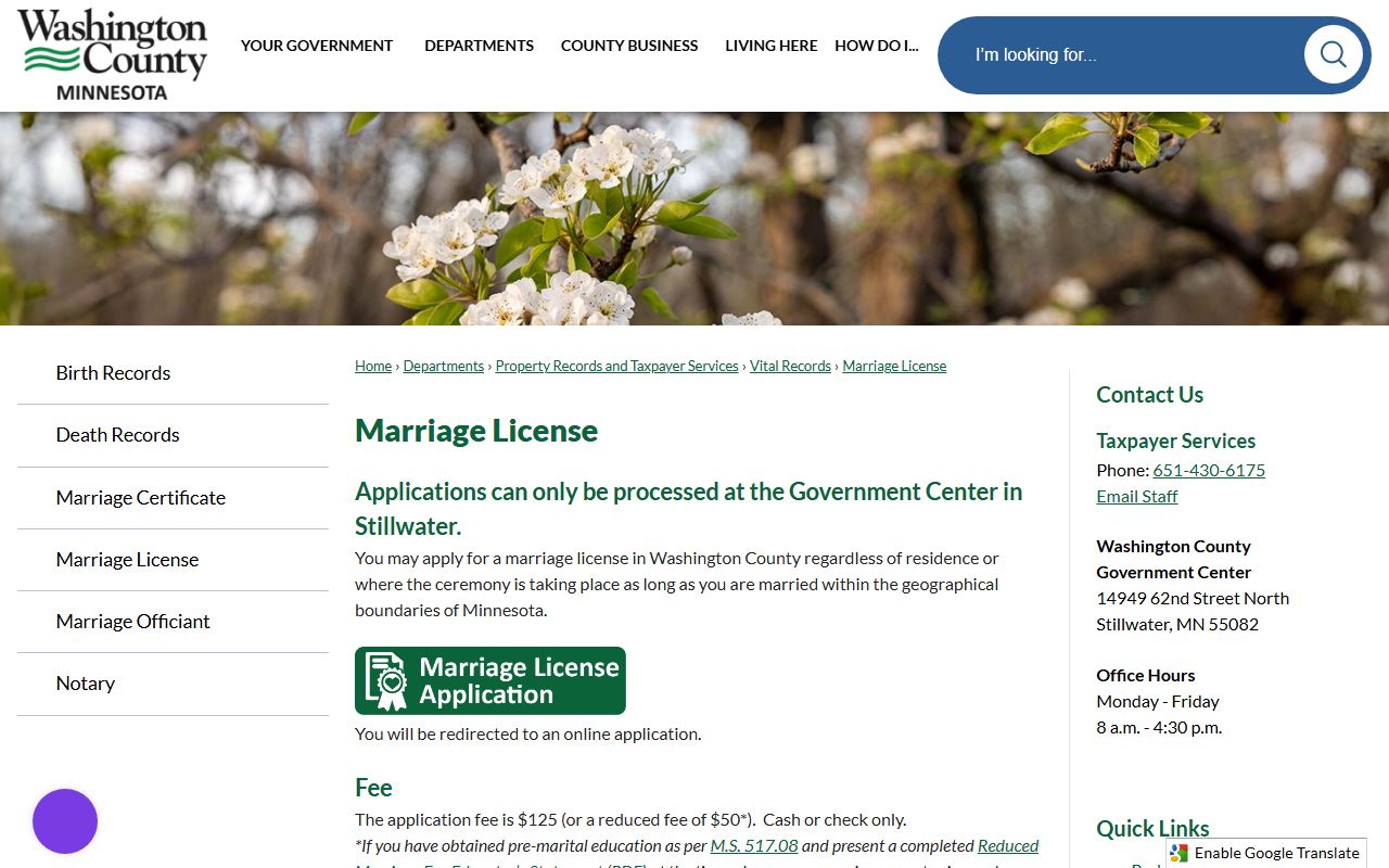 Washington County marriage license requirements, fee, reduced fee, application fields, and contact