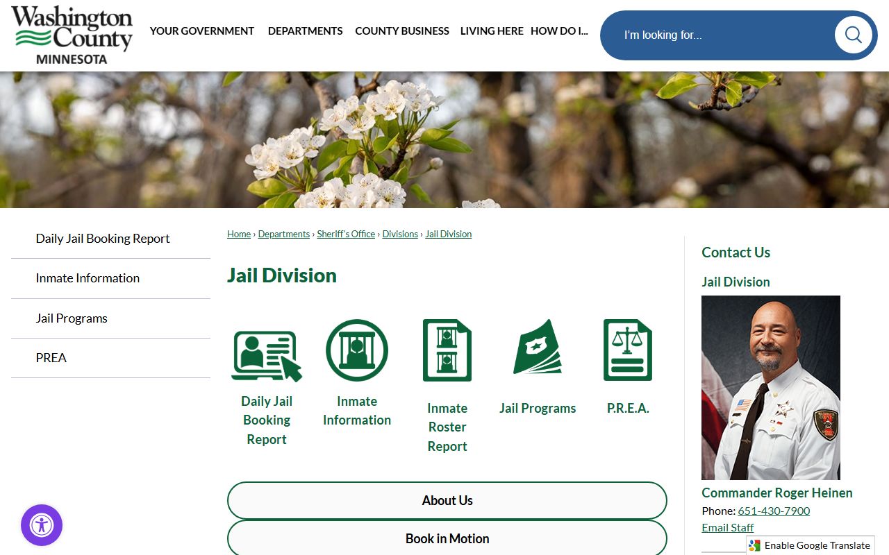 Washington County Jail Division page with jail capacity, facility description, book-in-motion, fingerprinting, and juvenile holding facility