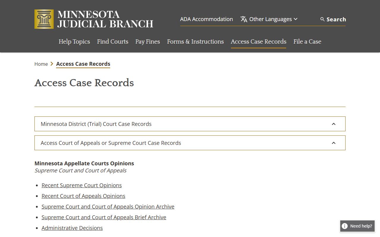 Washington County access-case-records page explaining MCRO, courthouse terminals, appellate records, and technical support limits