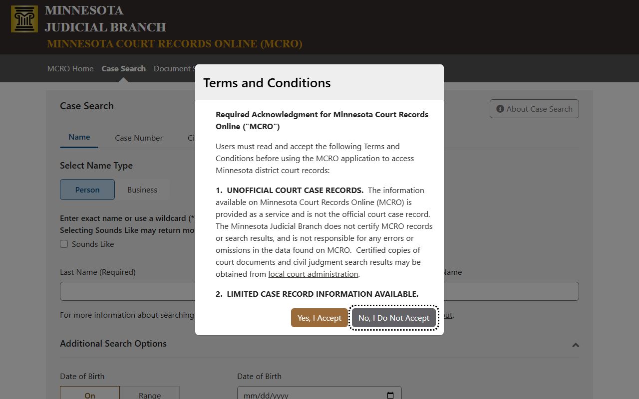 MCRO Case Search portal for Minnesota district court cases