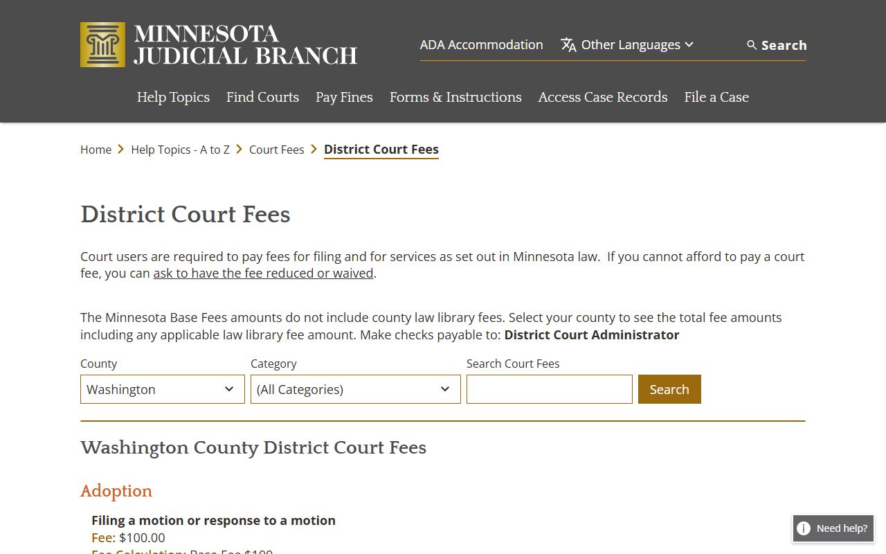 Washington County District Court fee table including civil, conciliation, copies, dissolution, expungement, housing, judgments, and probate