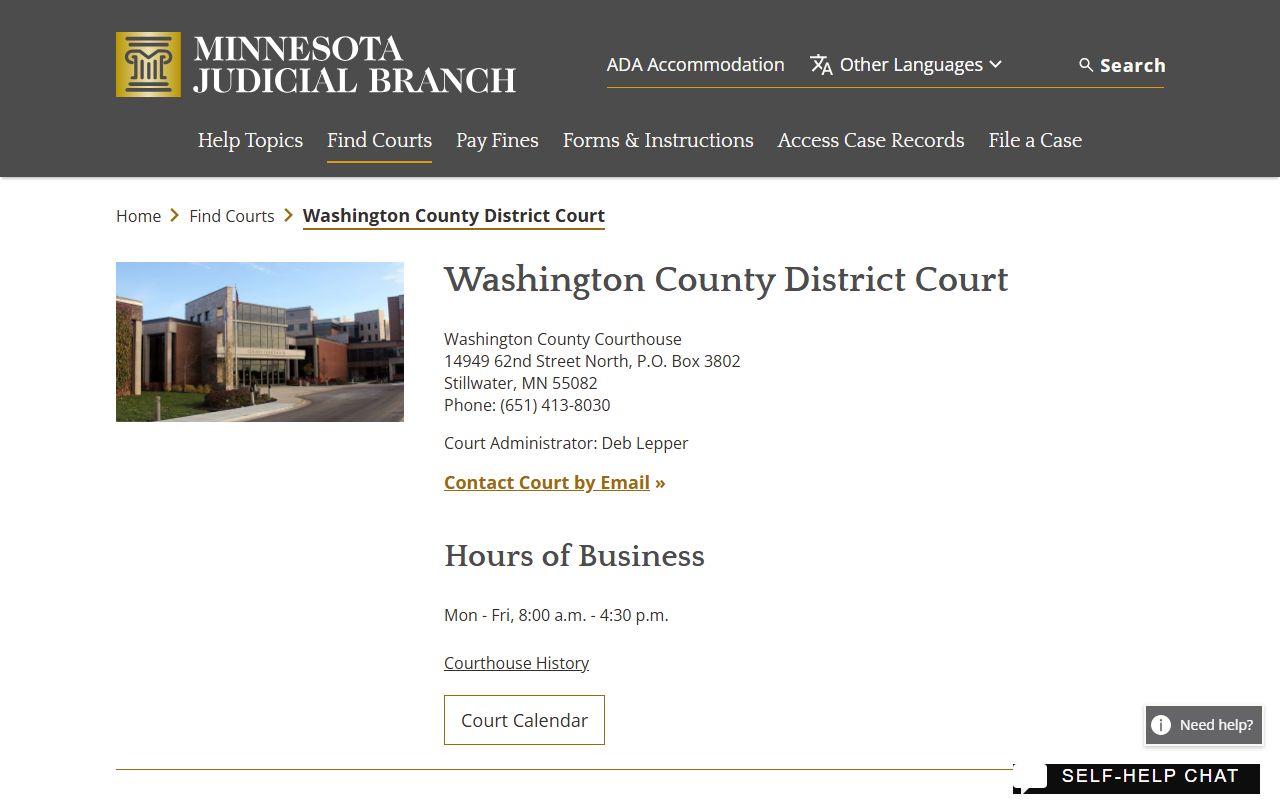 Washington County District Court official page with courthouse address, phone, hours, court administrator, judges, divisions, and calendar links