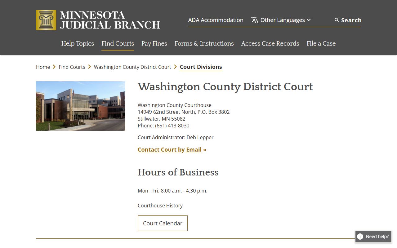 Washington County District Court divisions page for criminal, traffic, civil, family, juvenile, probate, and mental health details