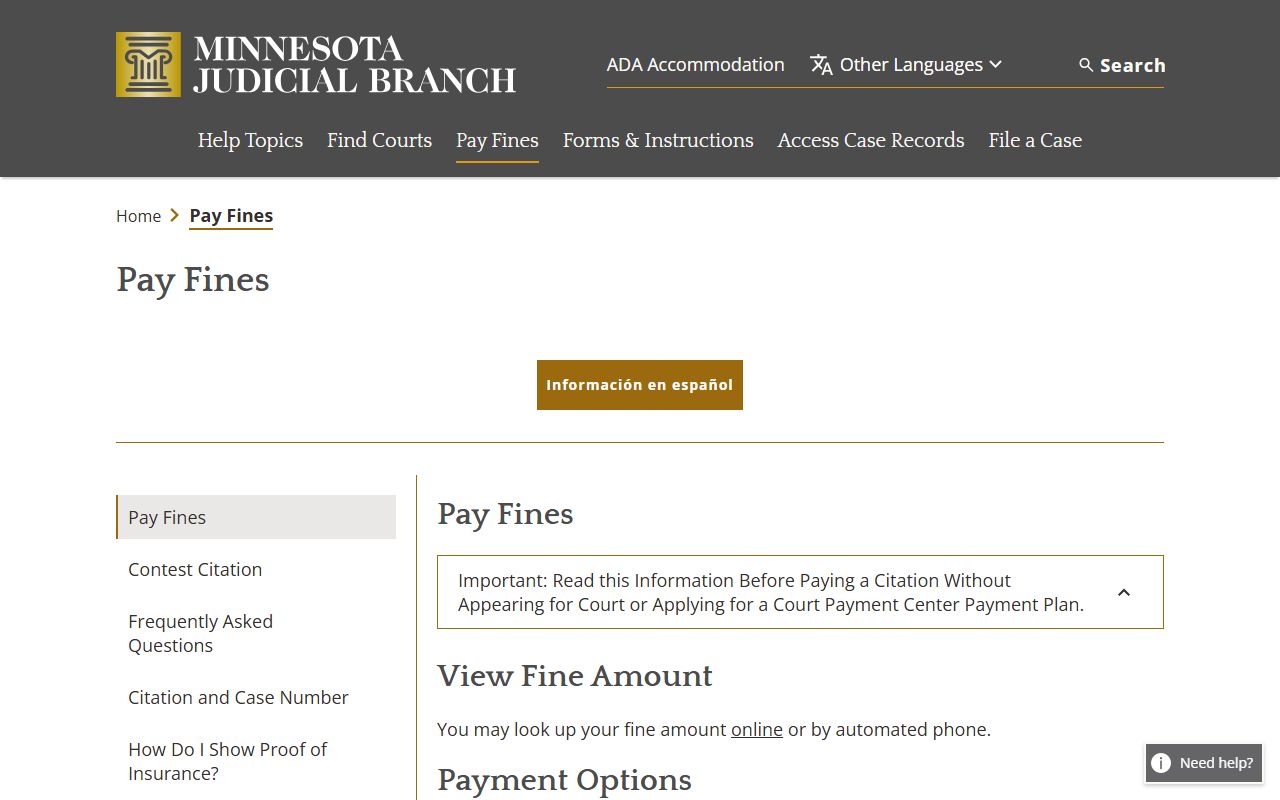Minnesota Judicial Branch pay fines and citation information page