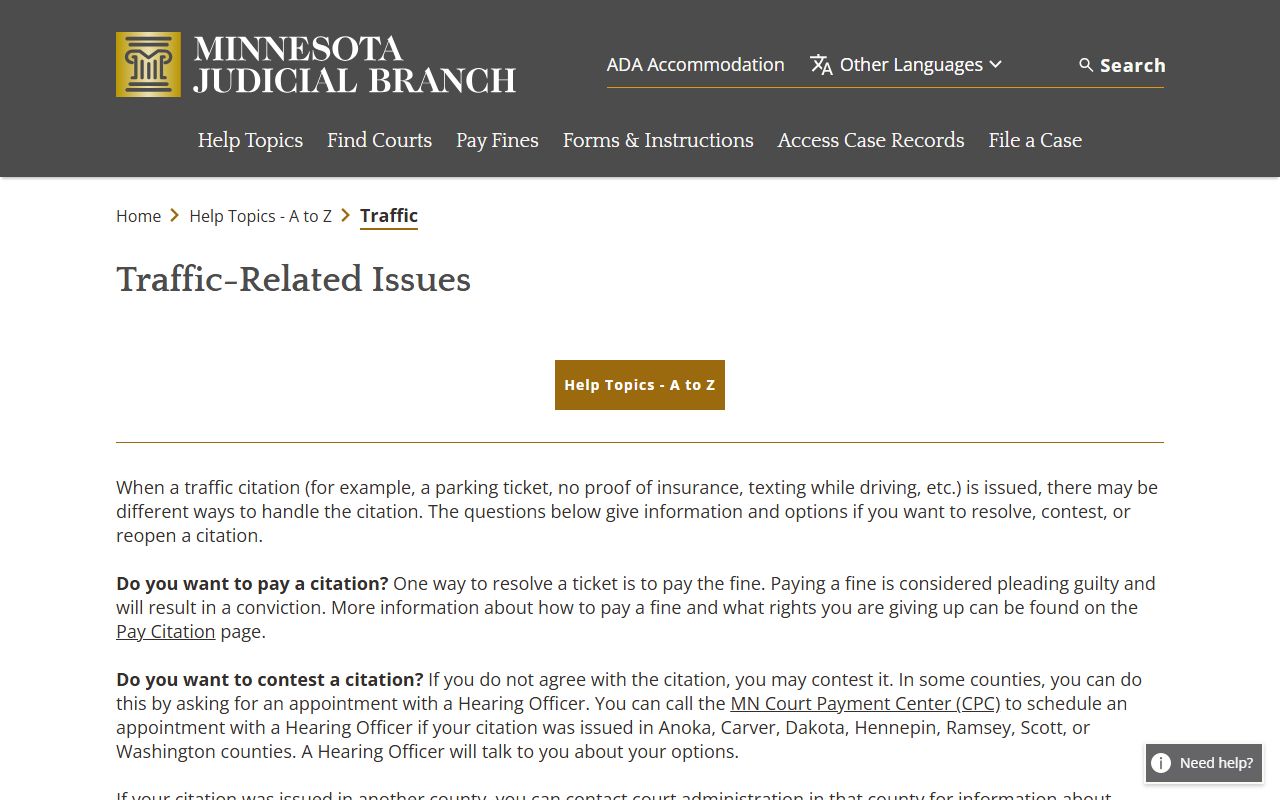 Minnesota traffic issues help page explaining contesting citations and hearing officer options