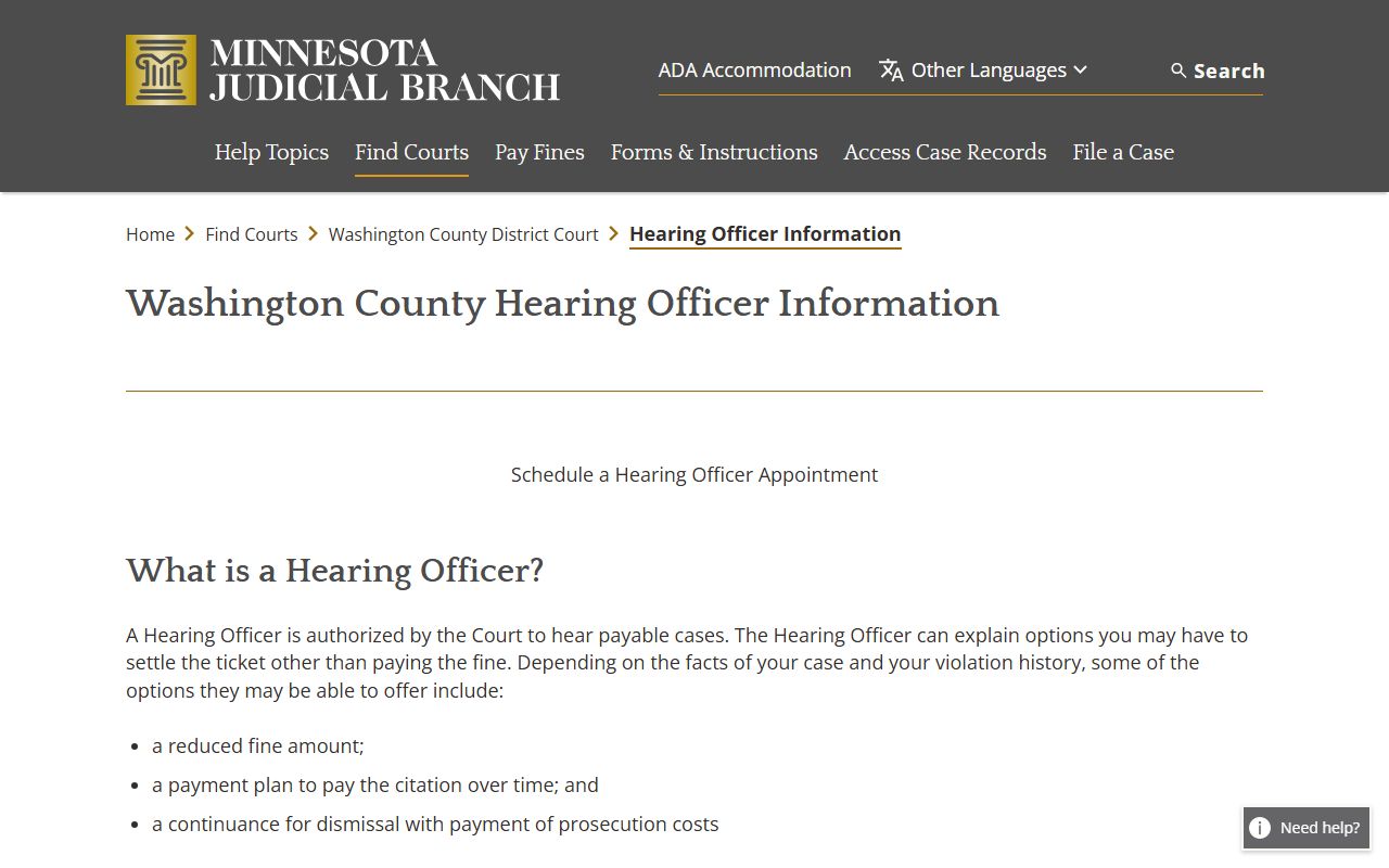 Washington County hearing officer page for payable citations and remote appointment options