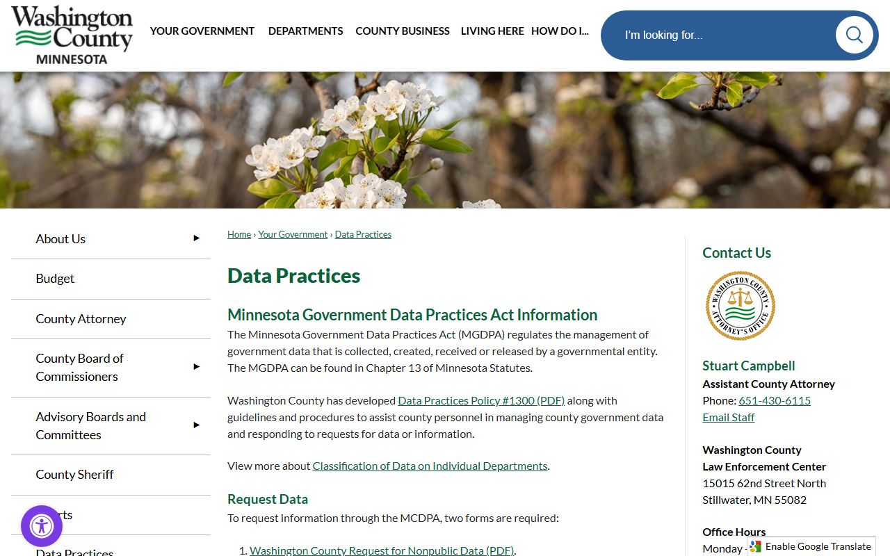 Washington County Data Practices page and nonpublic-data request forms
